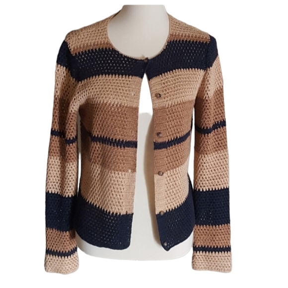 Jones New York Sweaters - Vintage Jones New York Blue Tan and Camel Striped Hand‎ Knit Linen Cardigan